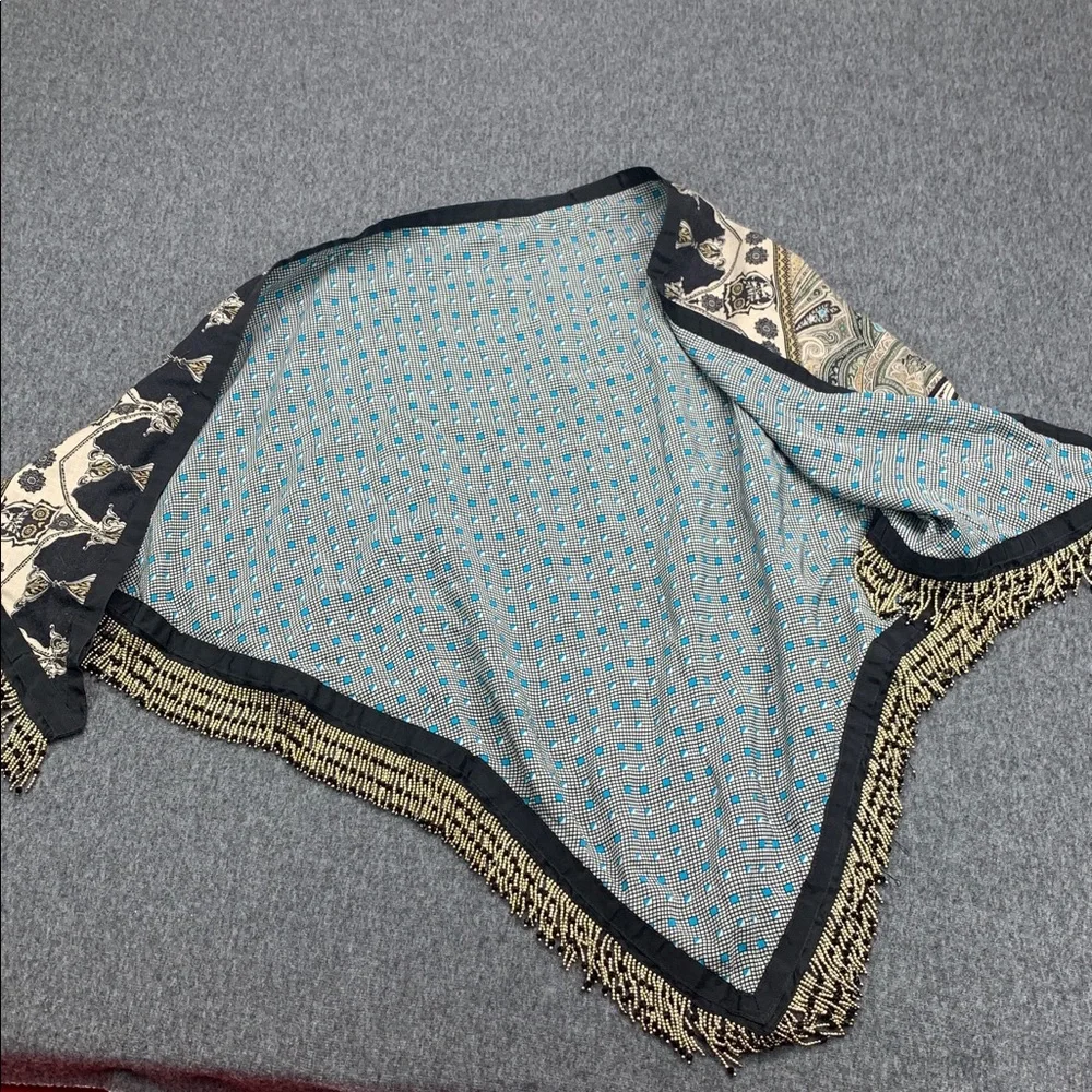 ETRO MIlano Triangular Paisley Print CASHMERE & SILK Scarf Tassel in Teal/Black - Picture 3 of 6
